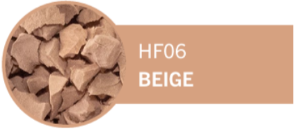A circular swatch of beige-colored cracked powder next to a beige label with the text 'HF06 BEIGE'