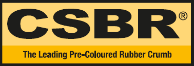 CSBR logo with the slogan "The Leading Pre-Coloured Rubber Crumb" on a yellow and black background.
