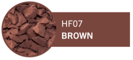 Swatch of brown mineral pigment labeled HF07 BROWN.