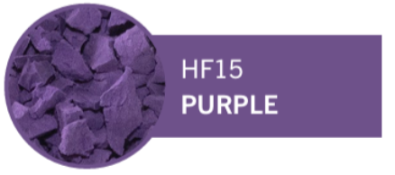 Purple crushed mineral or pigment sample in a circular container with a label reading 'HF15 PURPLE'.