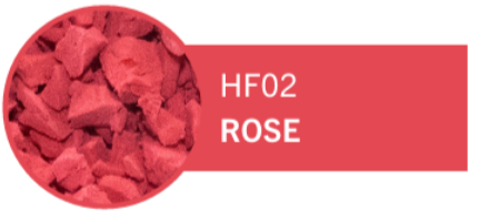 Close-up of pink crushed rose petals with label 'HF02 ROSE'