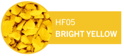 Bright yellow pigment powder in a circular container, labeled HF05 Bright Yellow.