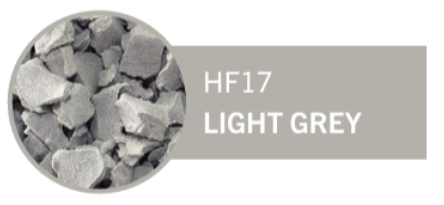 Close-up of light grey gravel or crushed stone with label HF17 LIGHT GREY.
