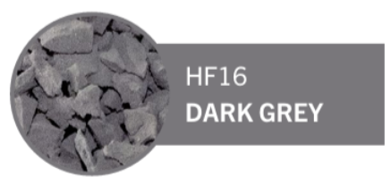 Dark grey, irregularly shaped crushed material in a circular container with a label reading HF16 DARK GREY.