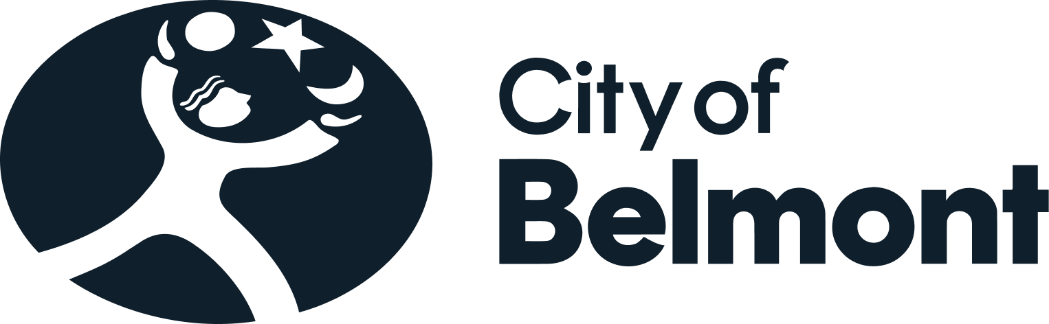 A logo for the City of Belmont featuring a stylized person reaching up toward stars and crescent moons, with the text 'City of Belmont' beside it.