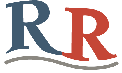 Logo with stylized letters 'R R' in blue and red above a curved gray line.