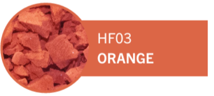 Close-up of crushed orange pigment in a circular container with a label reading 'HF03 ORANGE'.