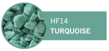 Close-up of turquoise color coating or particles with label 'HF14 TURQUOISE'
