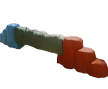 Colorful toy hammer with a blue handle, green shaft, red head, and red base