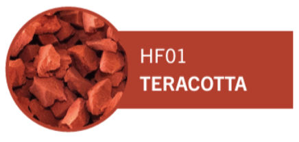 Close-up of red teracotta pieces with label HF01 TERACOTTA.