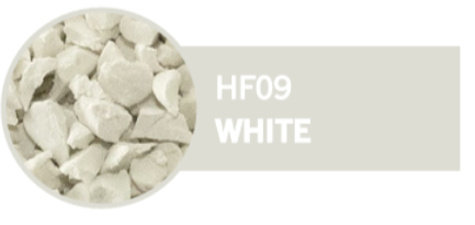 Close-up of small white plastic or ceramic pellets with label 'HF09 WHITE'.