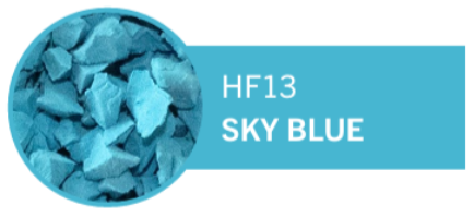 Close-up of crushed sky blue chalk or paint in a circular frame next to a sky blue label with white text 'HF13 SKY BLUE'.