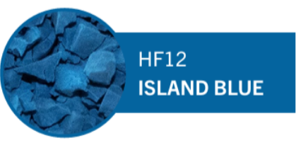 A label with a blue circle showing crushed blue pigment and a blue banner that reads 'HF12 ISLAND BLUE'.