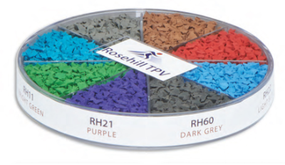 Round container with six sections containing colored crinkle paper in black, orange, blue, purple, green, and dark grey, labeled with color names and codes. The container has a Rosehill TV label.