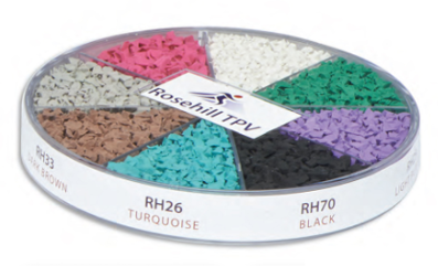 A circular container with different colored beads separated into sections, labeled with colors and codes such as Turquoise, Black, Rosehill TPV, and others.