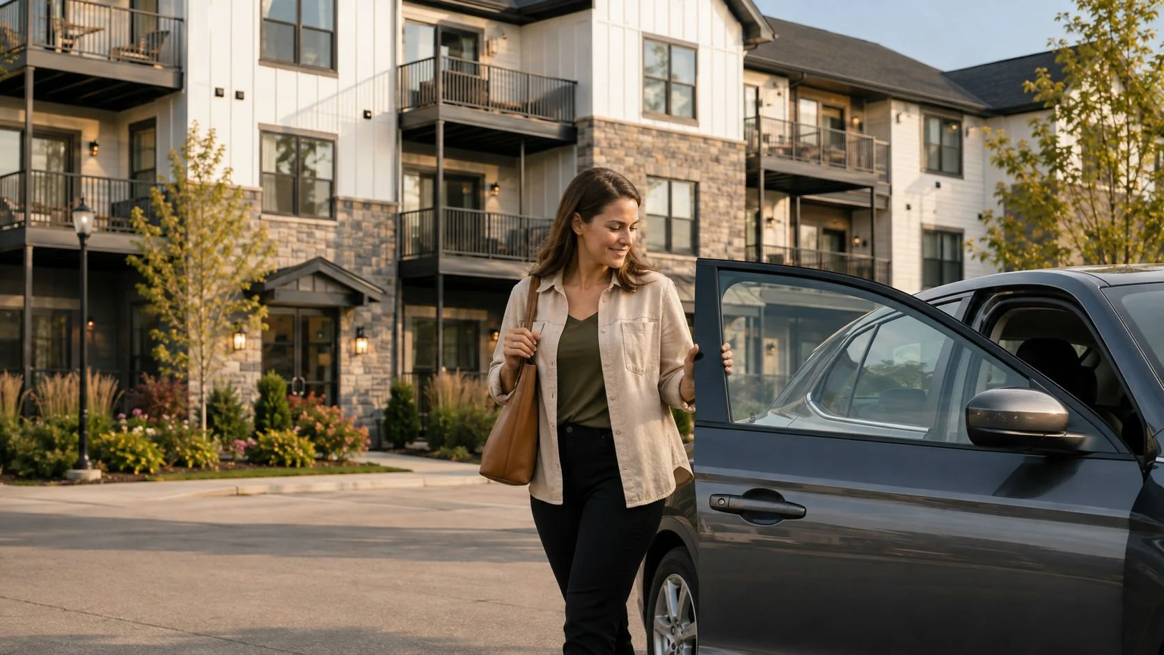 A woman with shoulder-length brown hair, wearing a beige jacket and black pants, opening the door of a gray car in a residential parking lot. There are multi-story apartment buildings with balconies and landscaped gardens in the background.