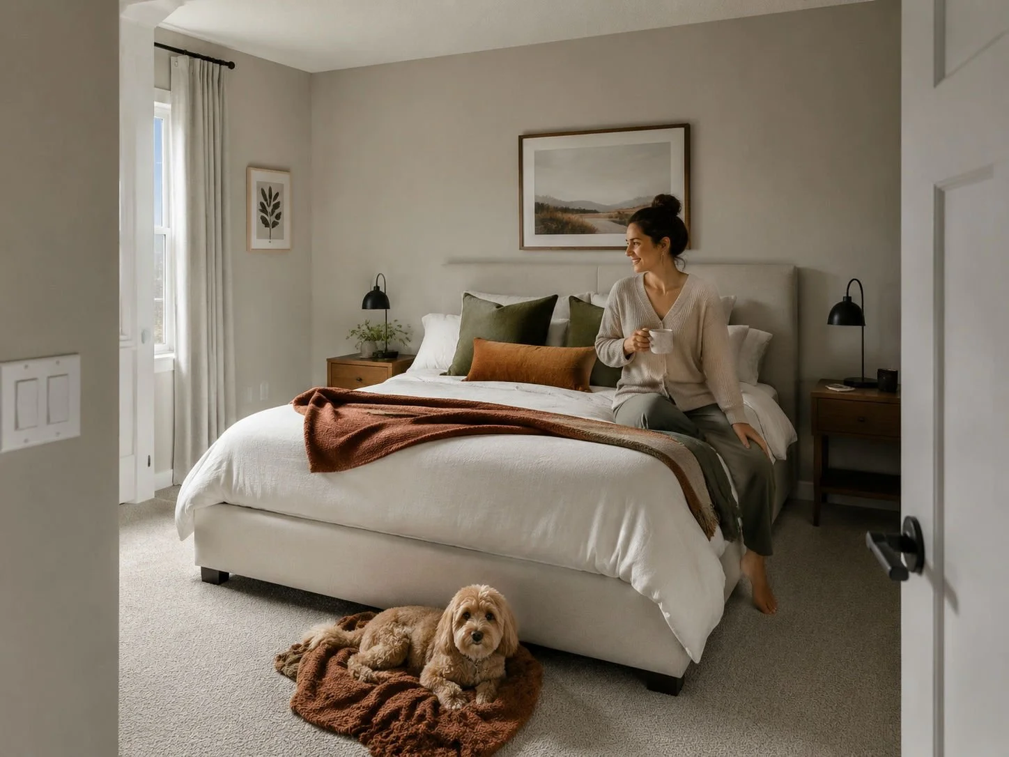A woman sitting on a bed in a bedroom, holding a mug, with a dog lying on a blanket on the floor near the bed.