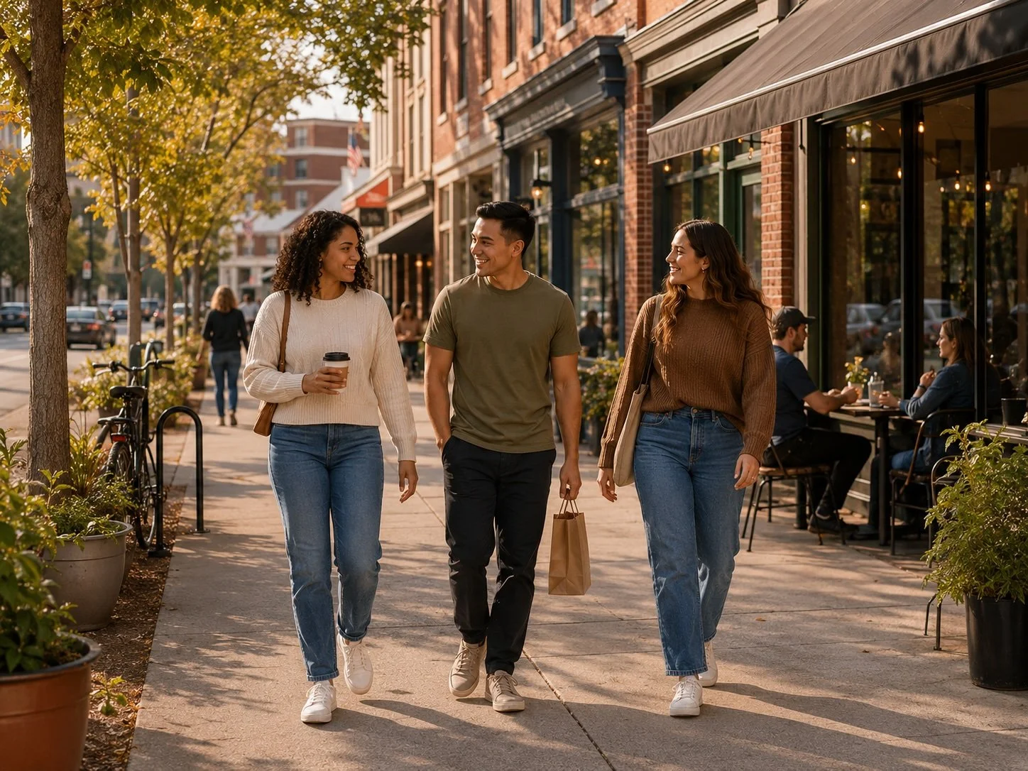 Three young people walking and talking on a bustling city sidewalk, with shops and outdoor seating visible on a sunny day.