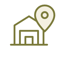 A simplified line drawing of a house with a location pin above it.