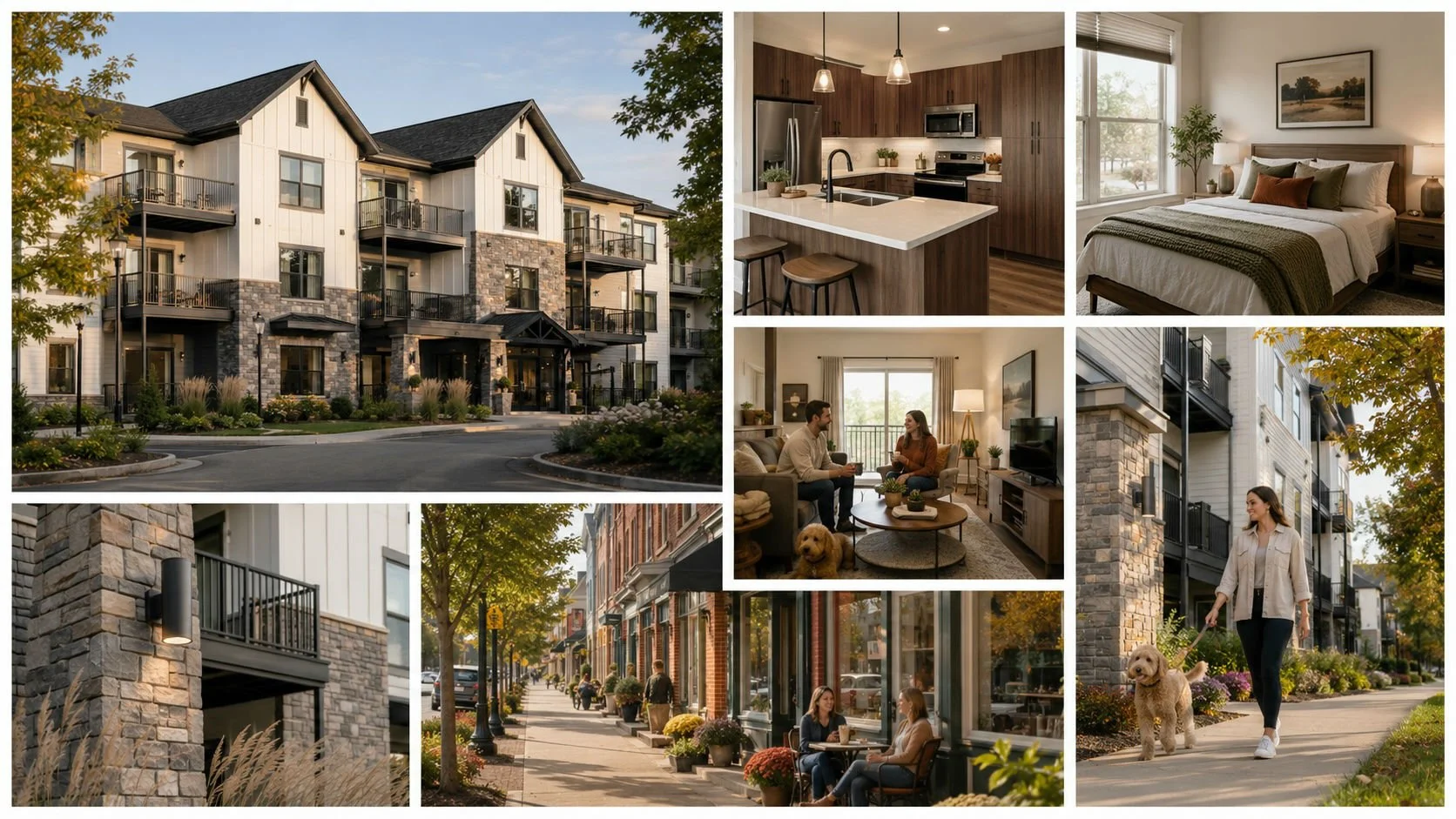 A collage of images showing a modern residential apartment complex, including exterior views of the building and surrounding streets, and interior scenes of a living room, kitchen, bedroom, and people socializing indoors and outdoors, with walking residents and a woman walking her dog.