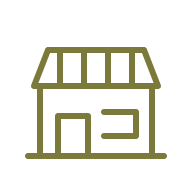 Outline of a small house with a sloped roof and a door.