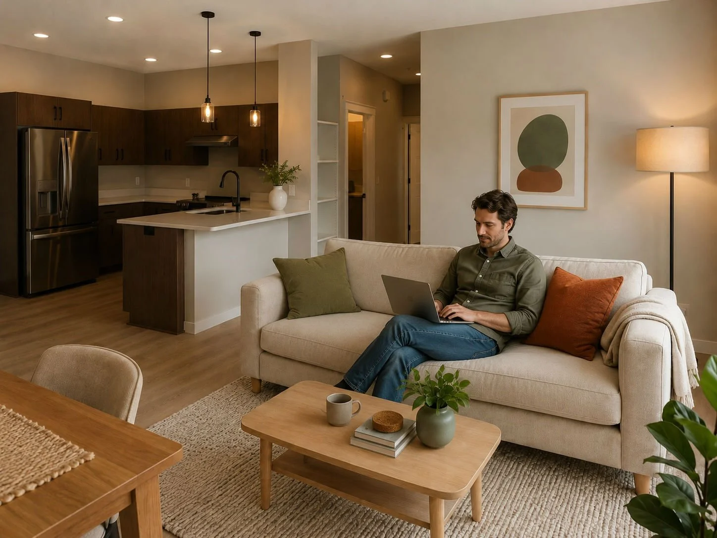 A man sitting on a beige sofa in a living room, working on a laptop, with a coffee table, plants, and modern decor, in an open-concept kitchen and living space.