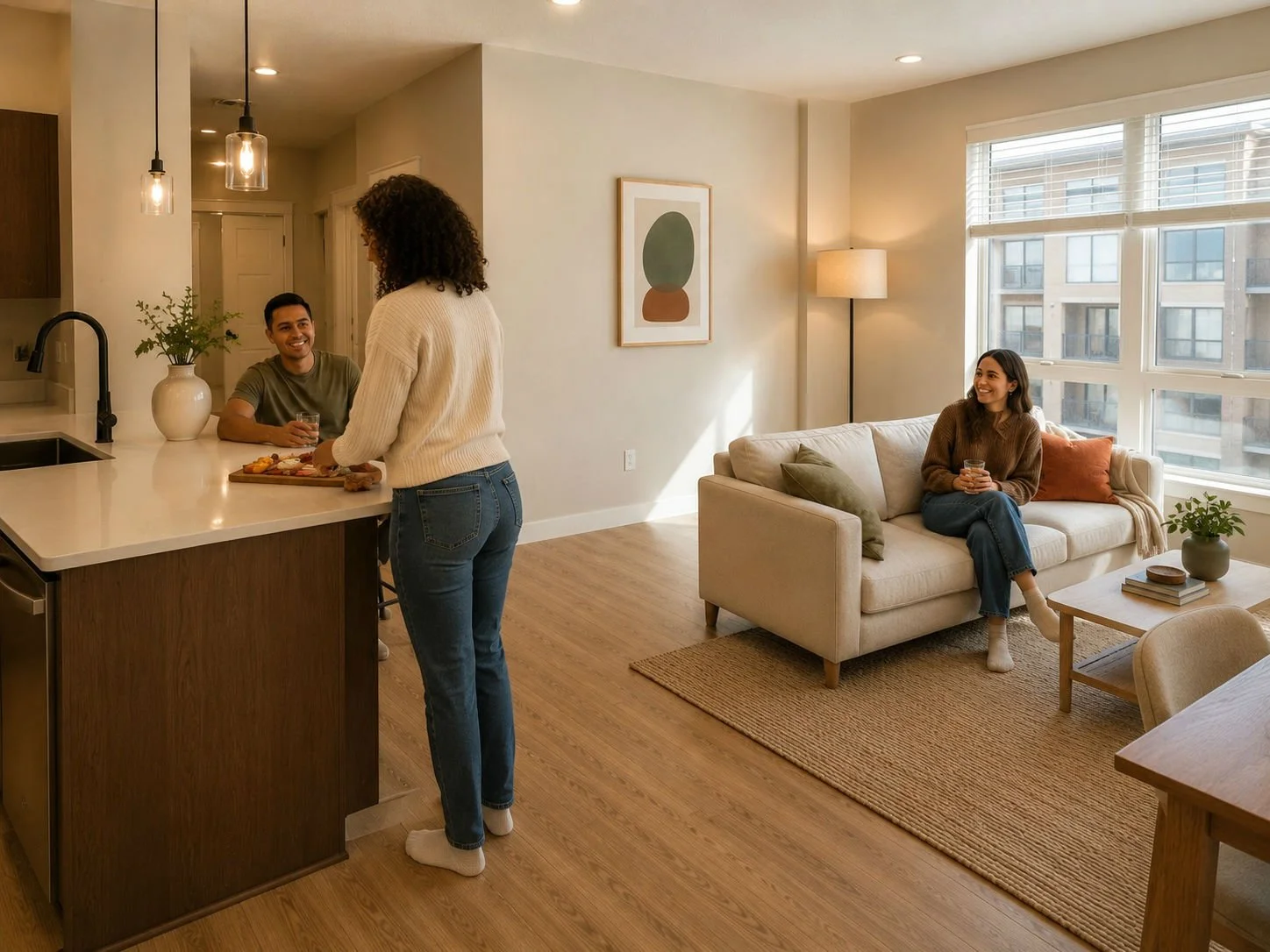 A woman in a white sweater and blue jeans standing at a kitchen counter with two people sitting on a couch in a bright living room.
