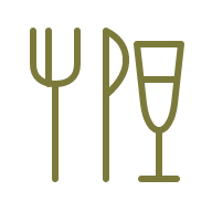 Line drawing of a fork, knife, and wine glass