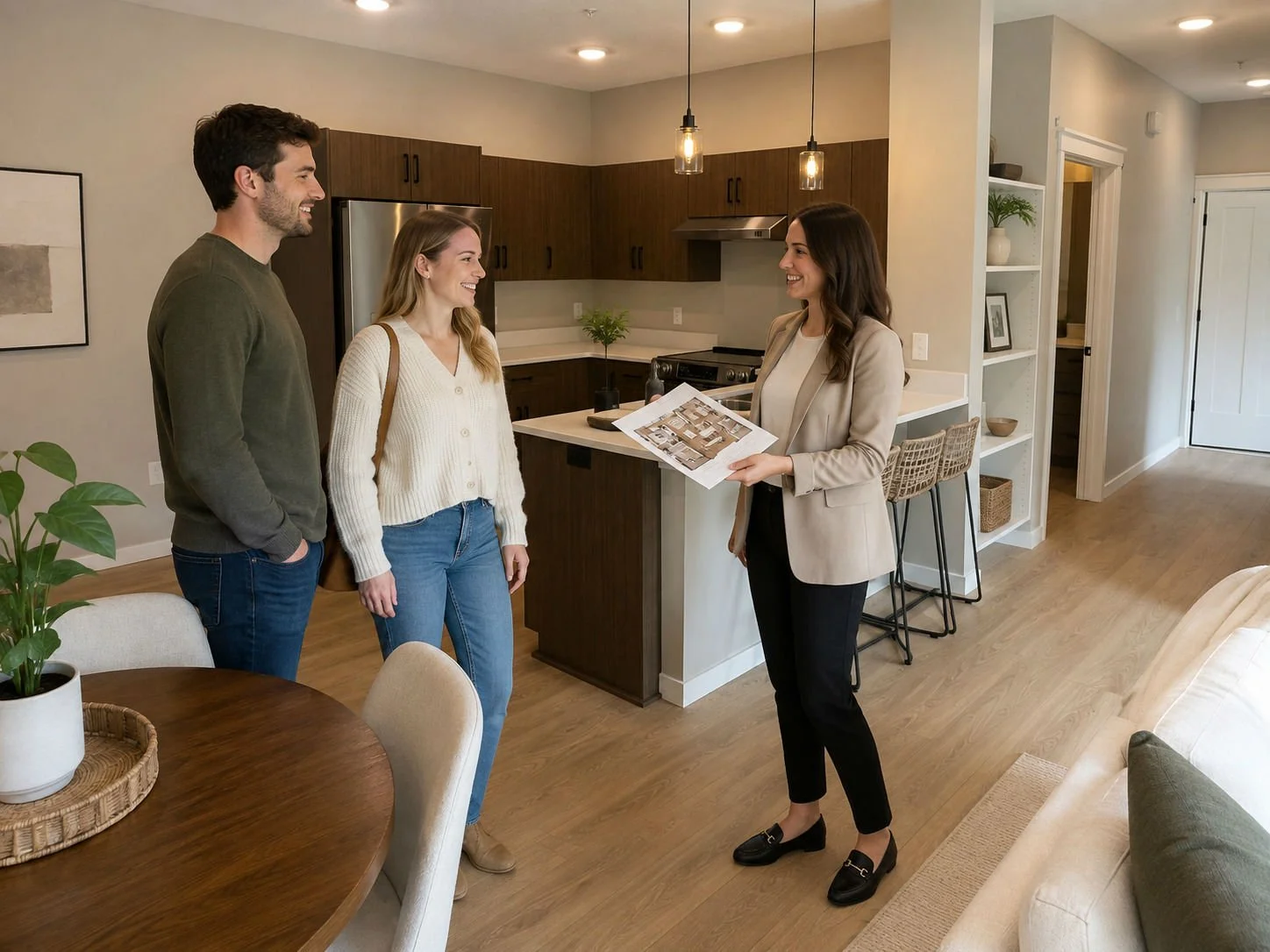 A woman in business attire holding a folder standing in a modern apartment with two smiling tenants, a man and a woman, inside the kitchen.