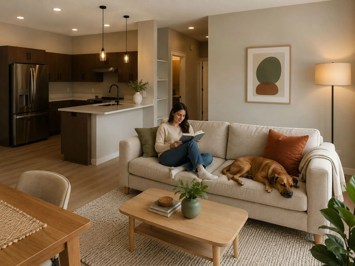 A woman reading a book on a beige couch with a resting dog, in a modern living room and open kitchen with pendant lights and minimalist decor.