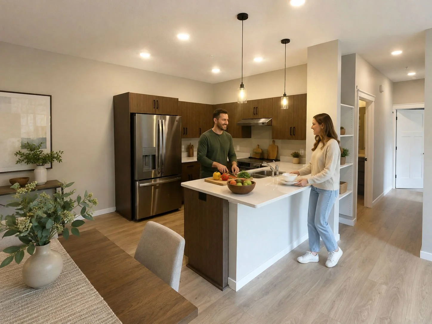 A man and a woman are having a conversation in a modern kitchen. The man is chopping vegetables at the kitchen island, and the woman is holding dishes, standing nearby. The kitchen features wooden cabinets, stainless steel appliances, and hanging pendant lights.