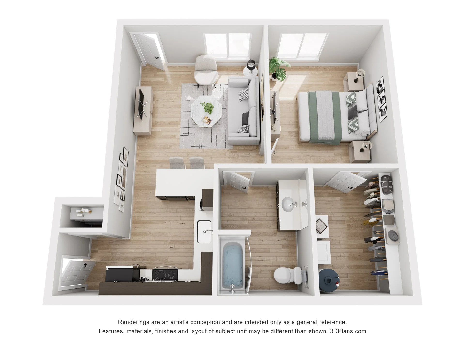A 3D floor plan of a small apartment showing a bedroom, bathroom, kitchen, living room, and closet space with shoes and clothes.