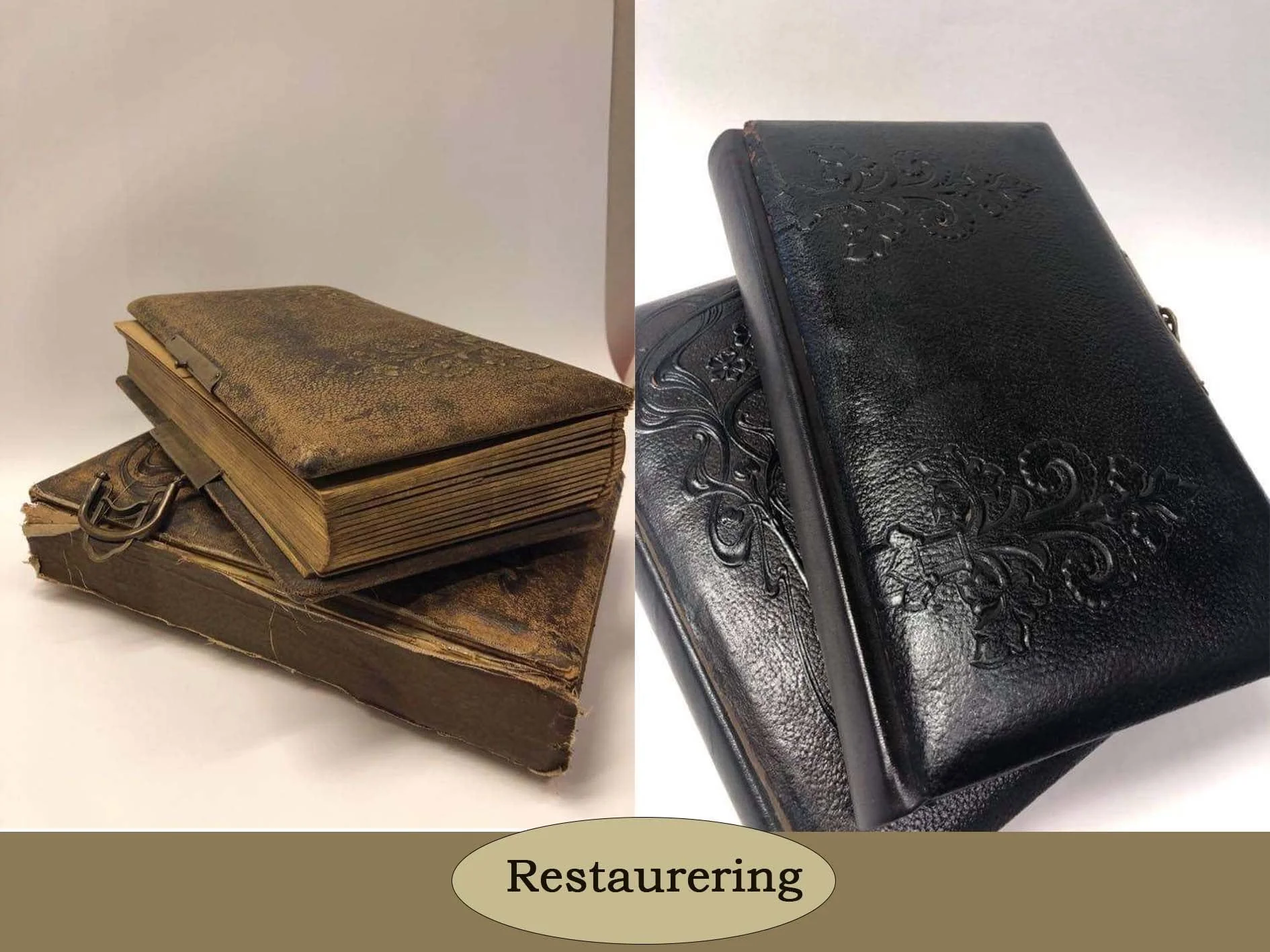 Et gammelt slitt bok og en liten bok pakket inn i skinn, begge med metallbeslag, ved siden av en moderne, svart innbundet bok med dekorative mønstre, under teksten 'Restaurering'.