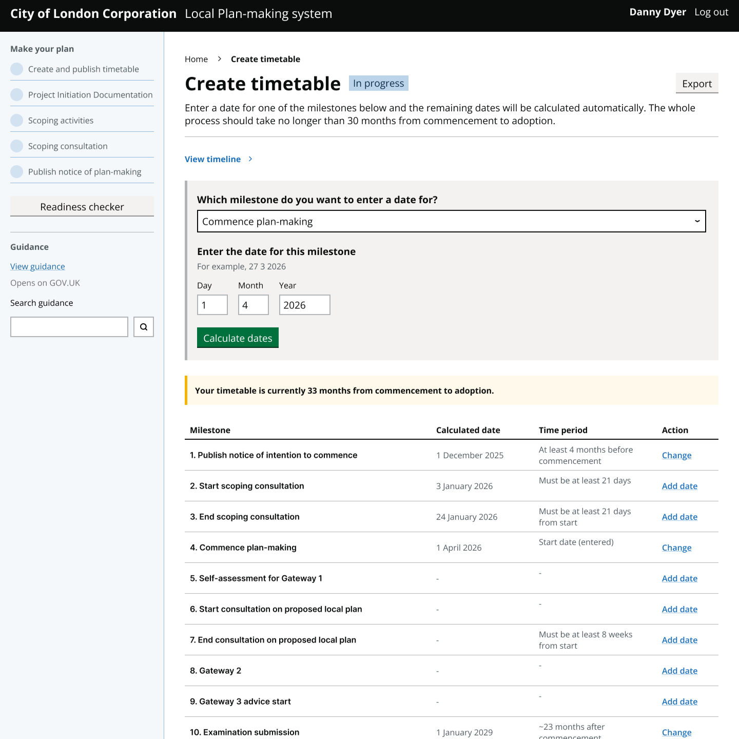 A task page with the header 'create timetable'. The user can select a milestone in the plan-making process and add a date for that milestone to generate a timetable schedule.