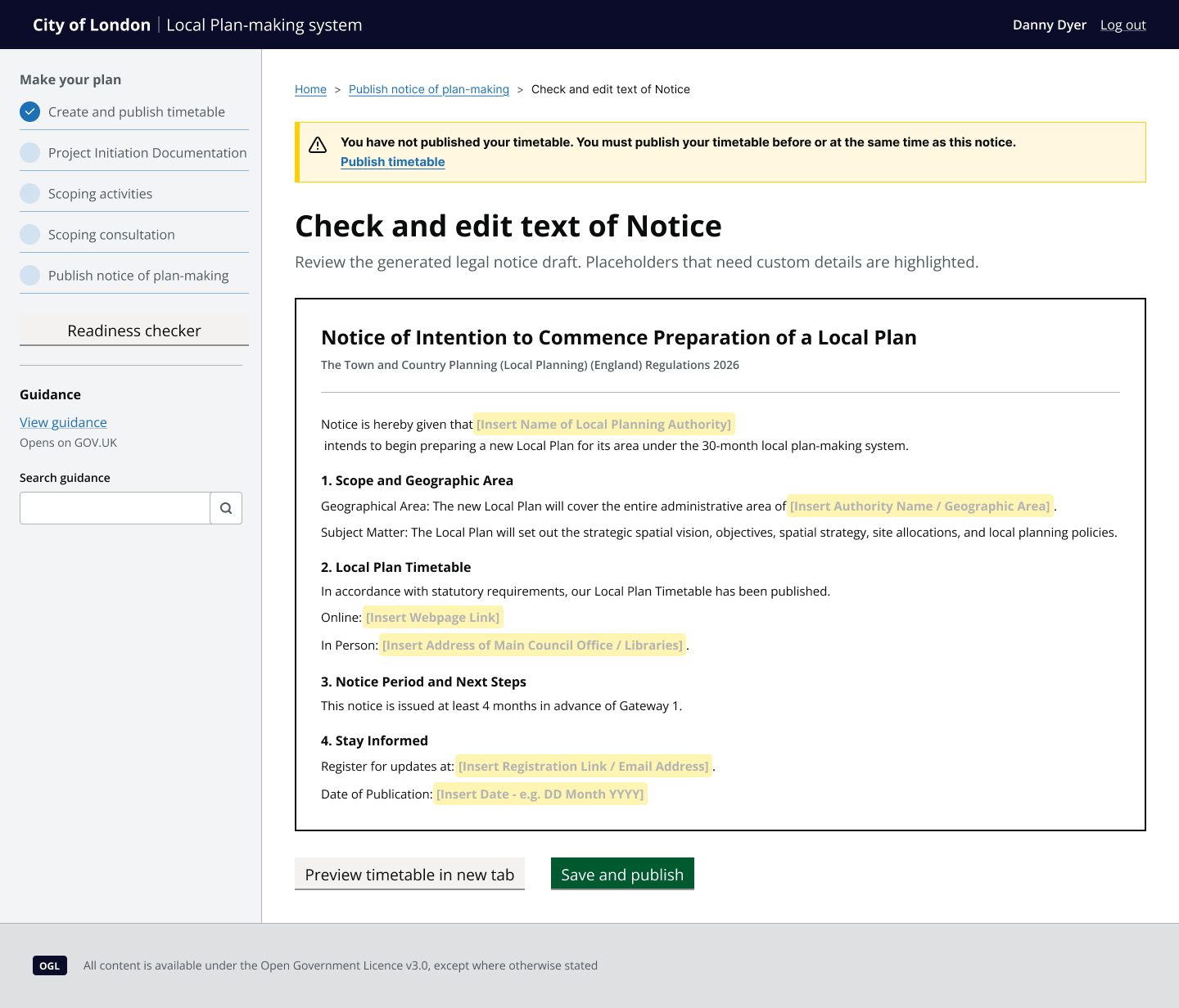 A task screen with the header 'check and edit text of Notice'. User can see suggested text various sections highlighted in yellow. User can change these sections before previewing the final version.