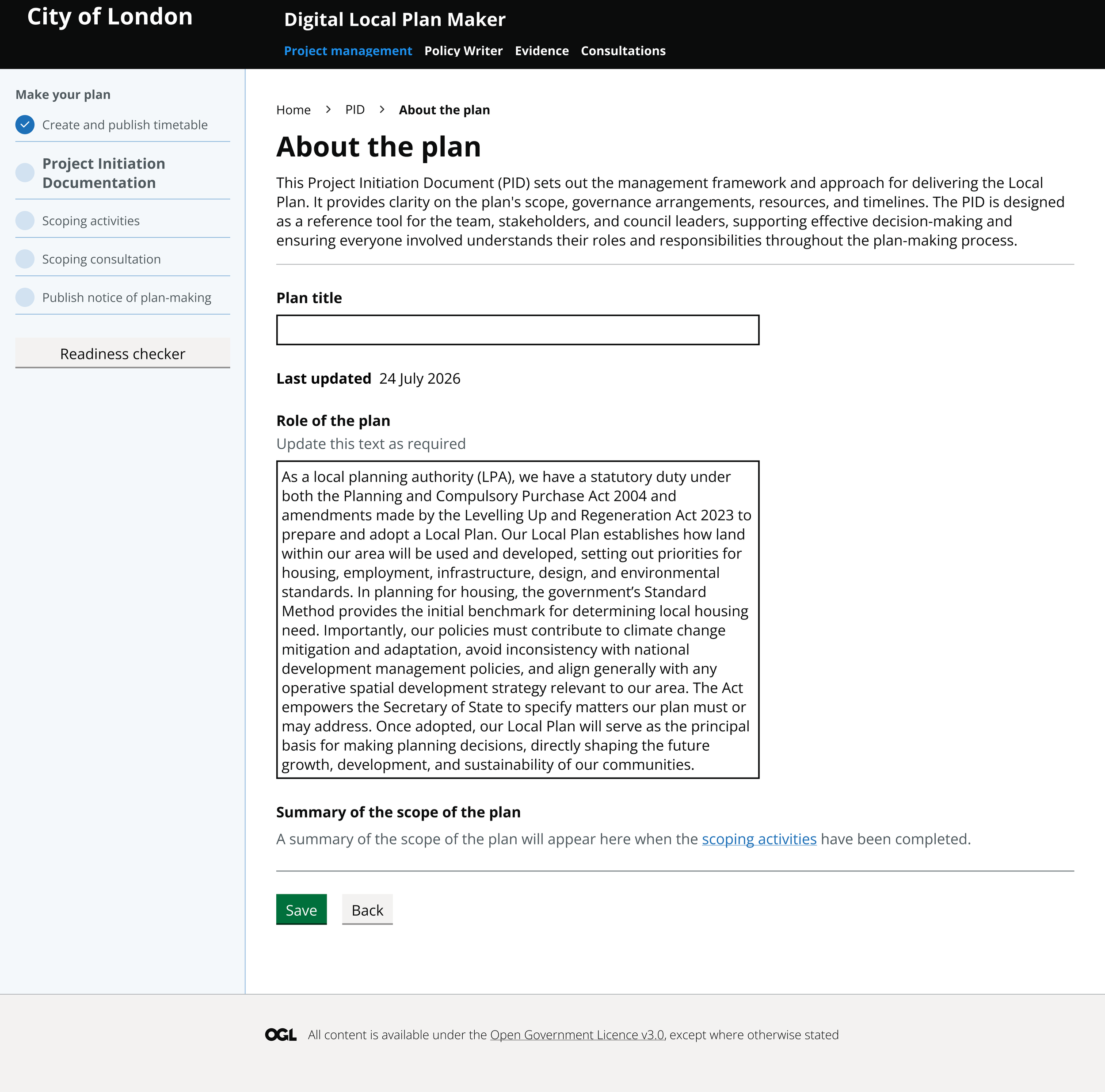 A task screen showing fields where a user can enter a local plan title and description of the role of the plan.