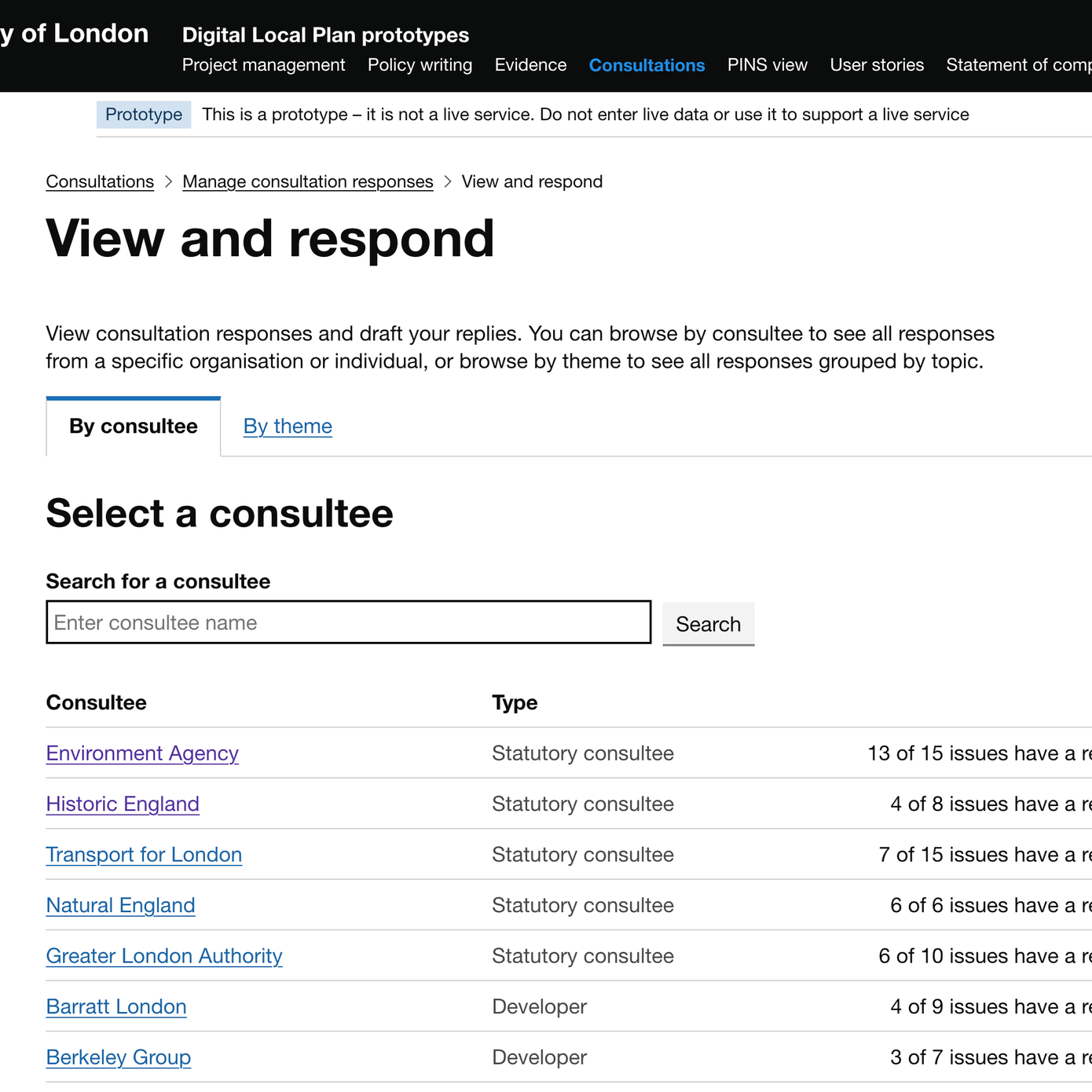 A task screen with the header 'View and respond'. The next header asks the user to Select a consultee. There is a list of consultees in a table.