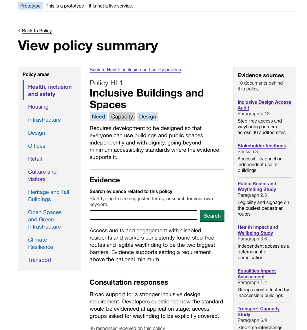 A screen showing a summary of a policy with a list of evidence sources. User can search evidence related to the policy or view consultation responses.