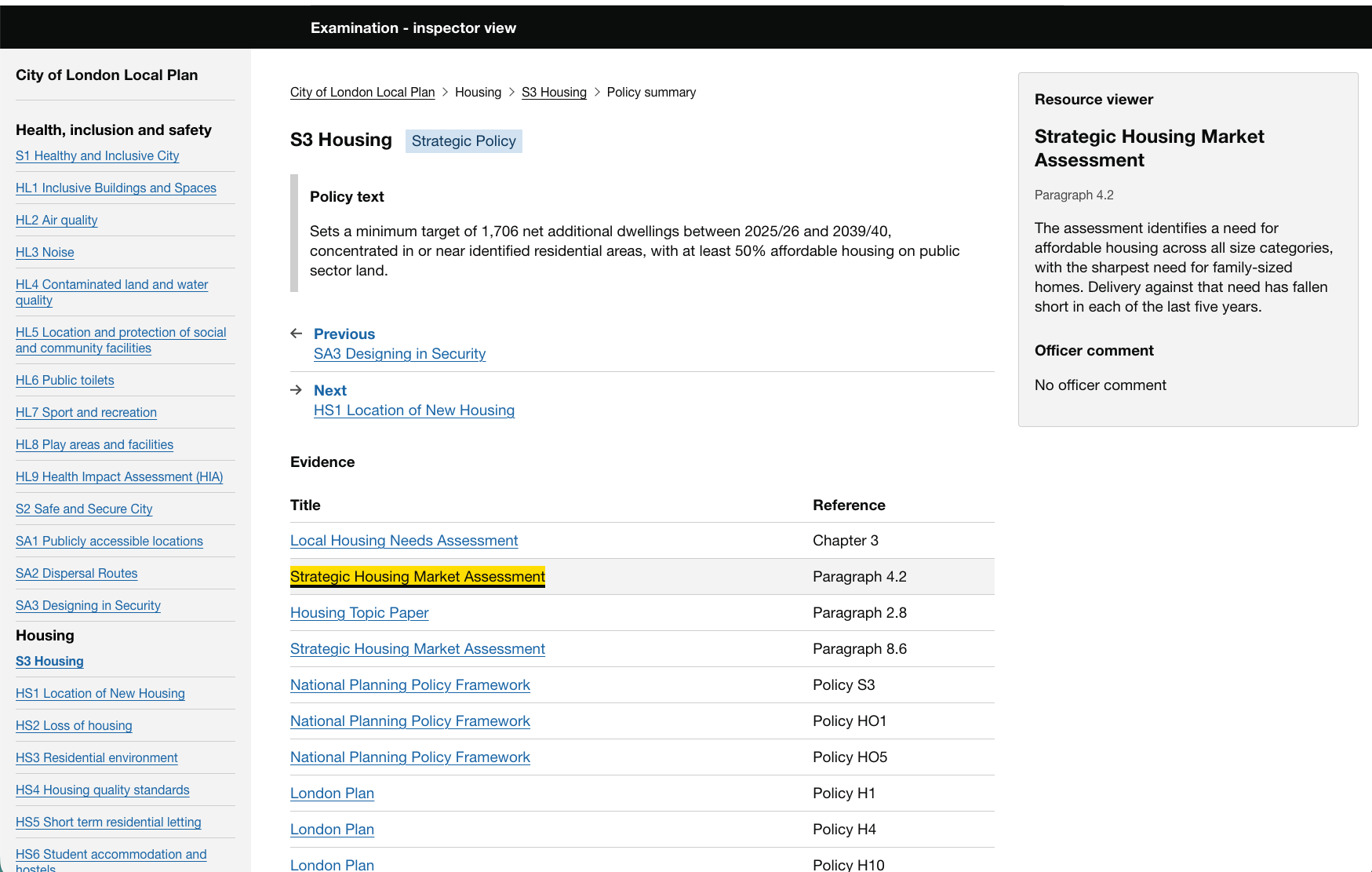 A screen showing an overview of a draft housing policy with a list of evidence sources.
