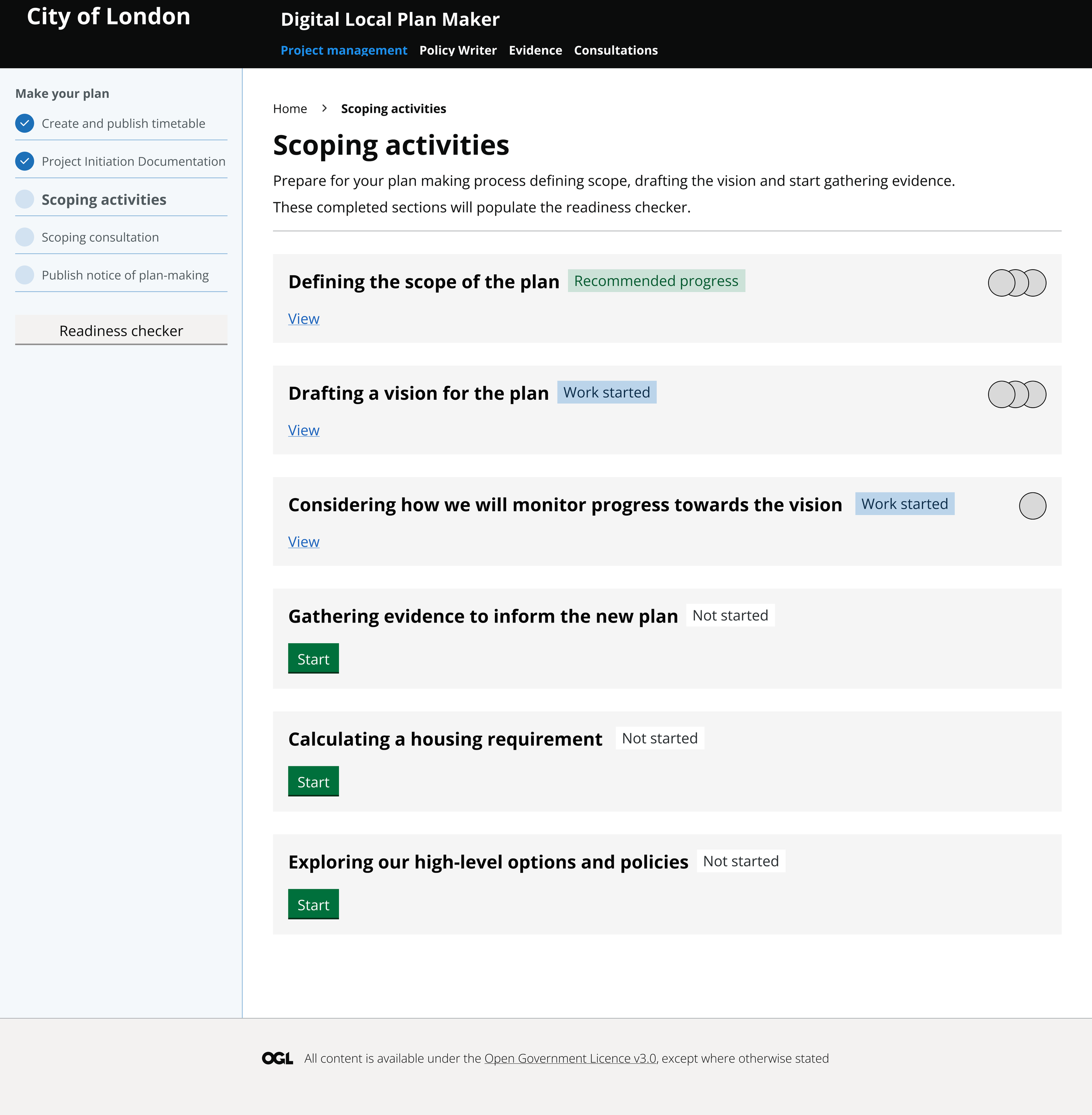 A task screen with the header 'Scoping activities'. User can see a series of grey blocks which each show a different task. Some tasks are in progress, others have a green 'start' button.