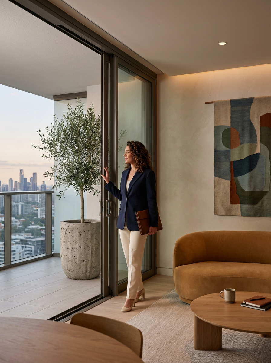 A woman in formal attire standing in a modern apartment, looking out through a glass sliding door at a cityscape with tall buildings, holding a notebook or tablet.