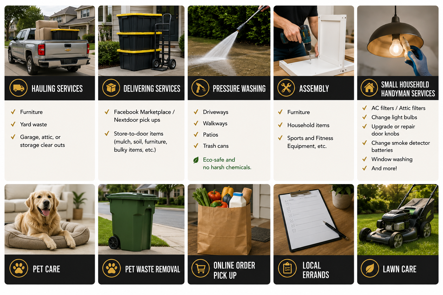 Professional home services including pressure washing, assembly services, hauling, and deliveries.