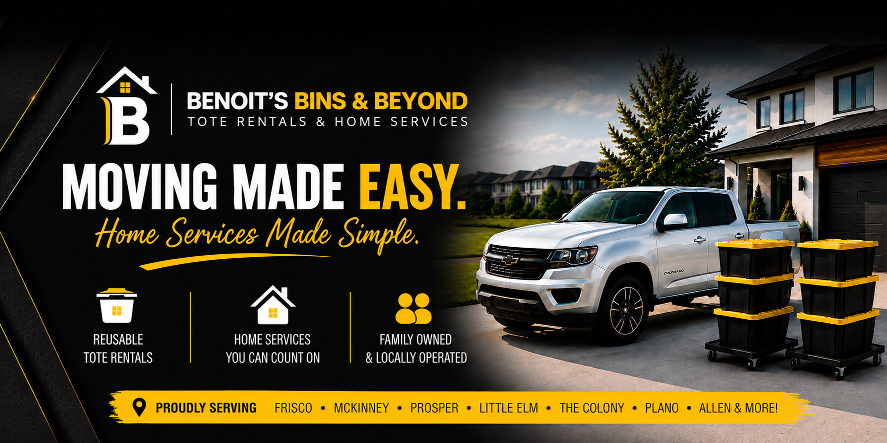Silver Chevrolet Colorado with reusable black totes and yellow lids in a residential driveway in Frisco, Texas.
