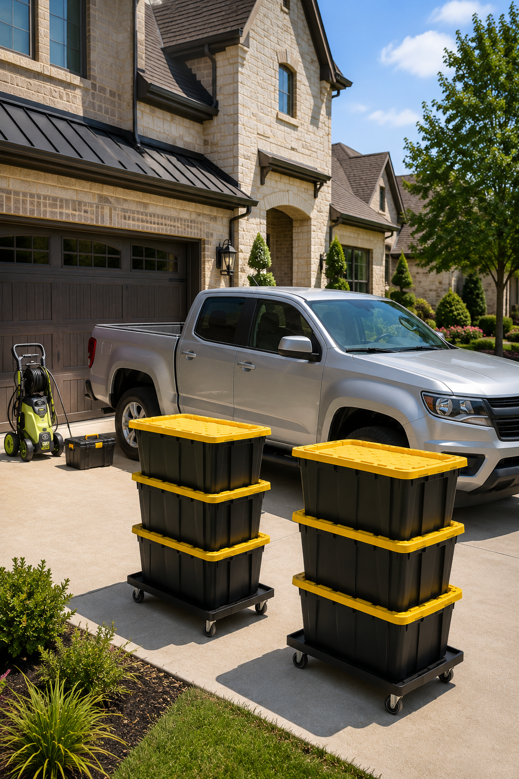 Silver Chevrolet Colorado with reusable totes stacked on flat dollies in front of a suburban home.