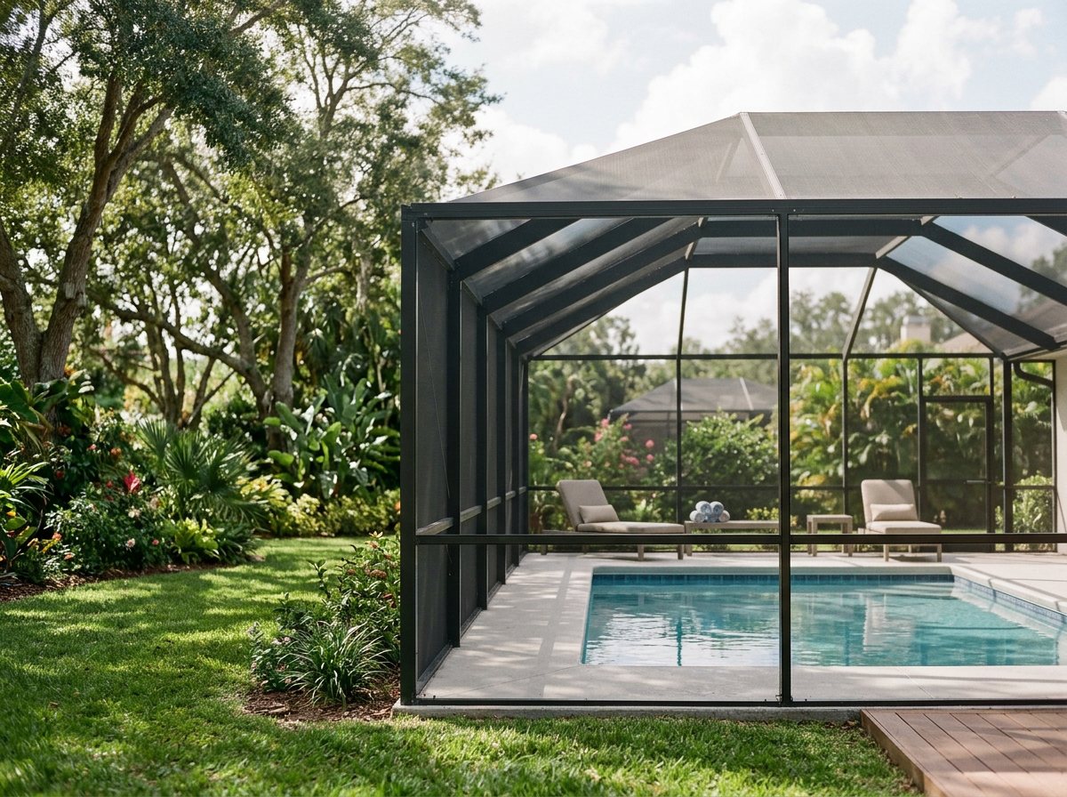 A screened outdoor pool enclosure with two lounge chairs and a small table, surrounded by lush green garden and trees.