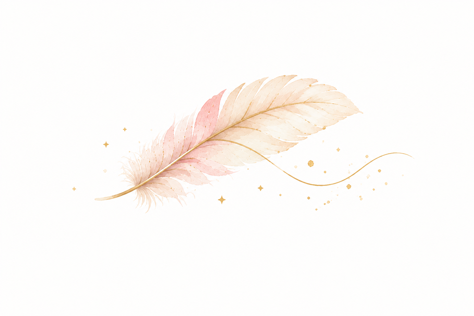 Illustration légère d’une plume aux tons pastel entourée de petites étoiles dorées.