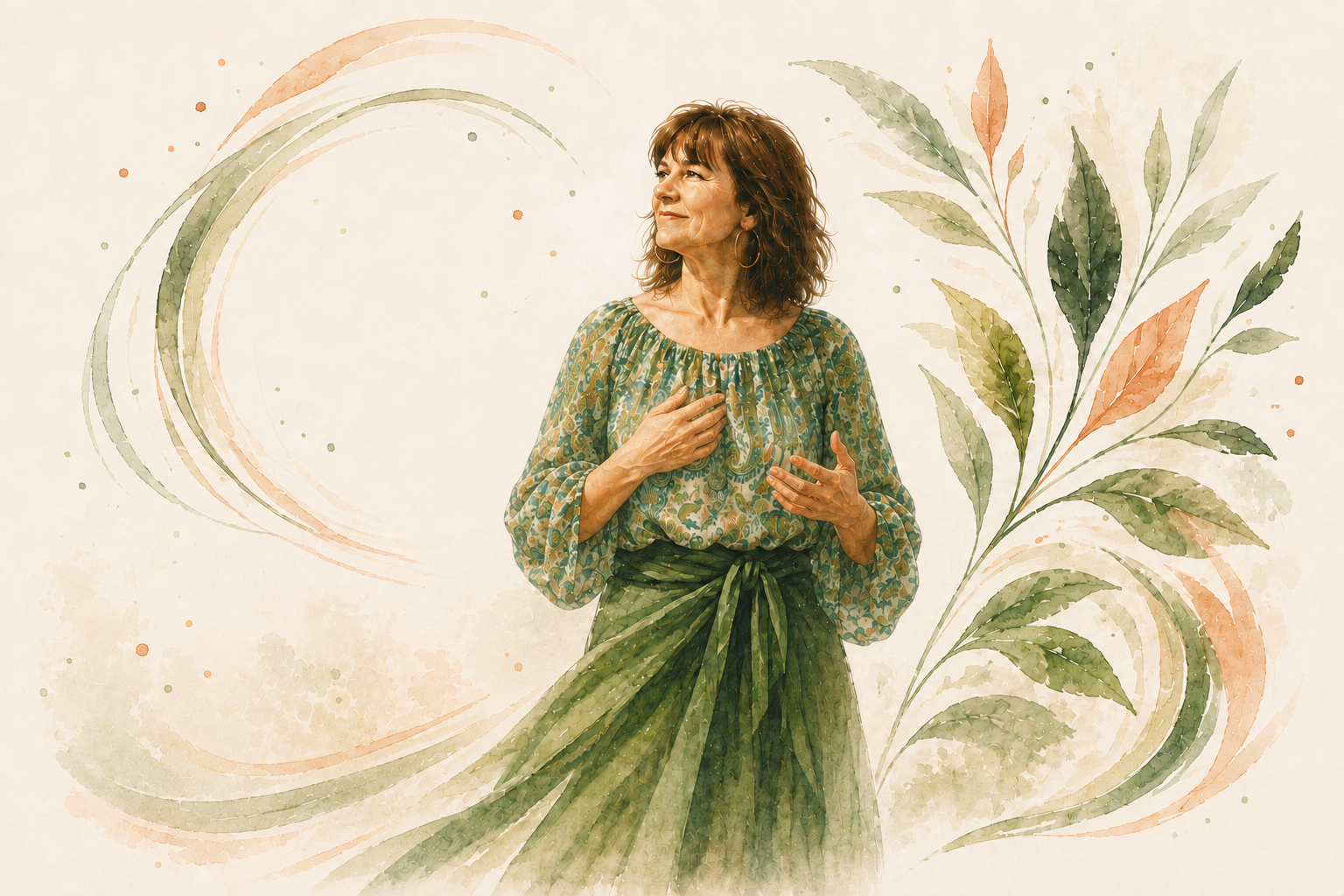 Illustration de Sandrine dans une robe verte, les mains près du cœur, entourée de feuillages et de spirales d’aquarelle.