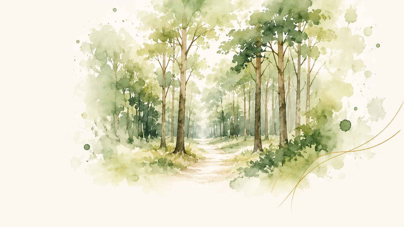 Une illustration de style aquarelle représentant un sentier à travers une forêt verdoyante avec des arbres et de la végétation.