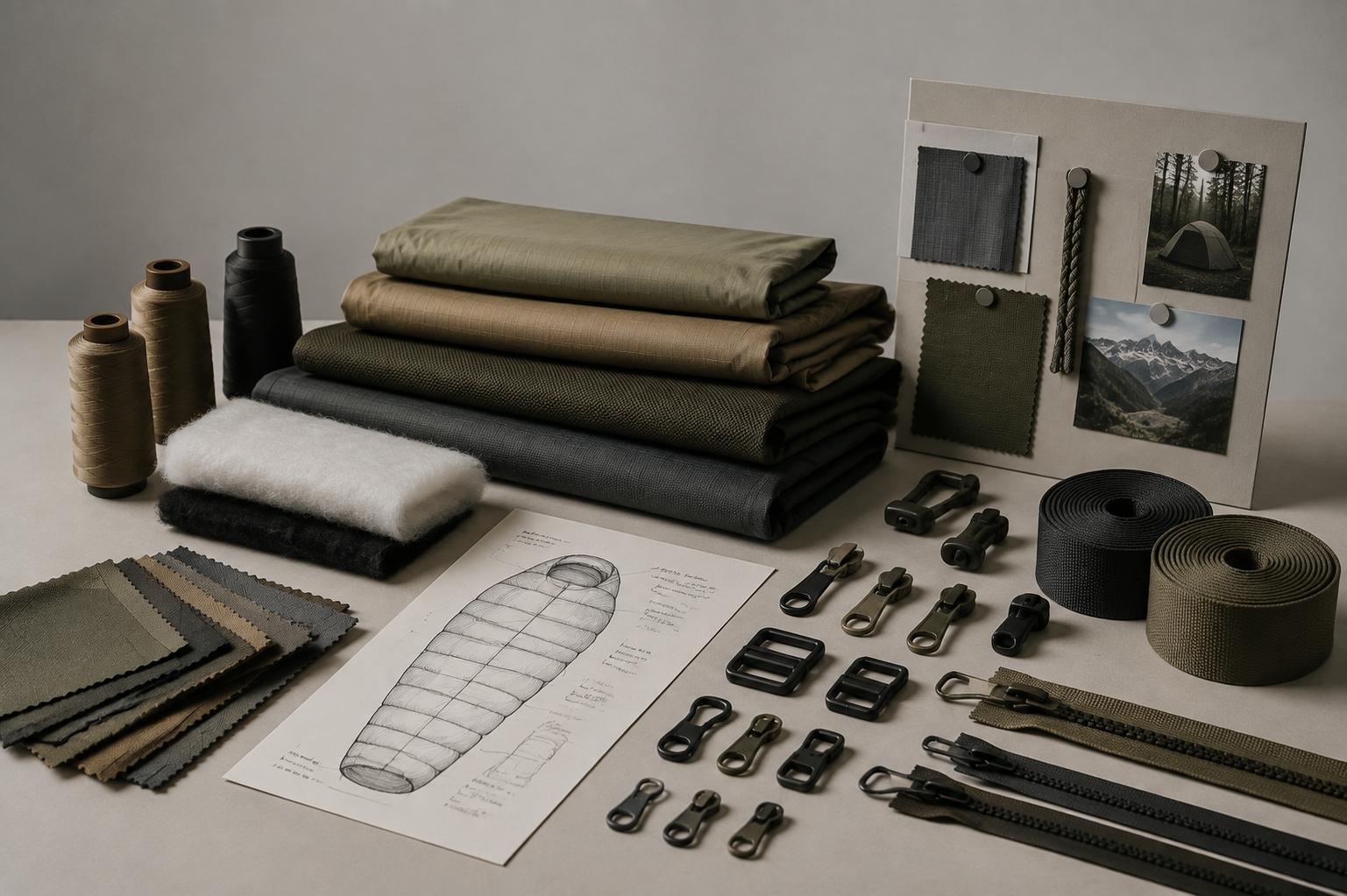 Textile materials and components including fabric swatches, webbing, zippers and hardware for outdoor product development.