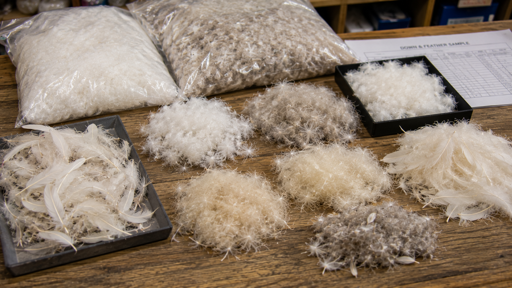 Various samples of feathers and down on a wooden table, some in plastic bags, with a sample sheet in the background, used for feather and down quality inspection.